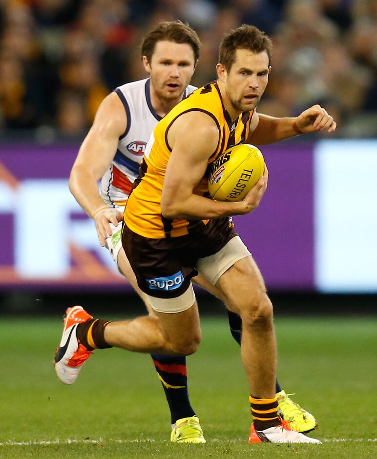 AFL 2015 Second Semi Final - Hawthorn v Adelaide MELBOURNE, AUSTRALIA - SEPTEMBER 18: Luke Hodge of the Hawks and Patrick Dangerfield of the Crows in action during the 2015 AFL Second Semi Final match between the Hawthorn Hawks and the Adelaide Crows at the Melbourne Cricket Ground, Melbourne, Australia on September 18, 2015. (Photo by Michael Willson/AFL Media)